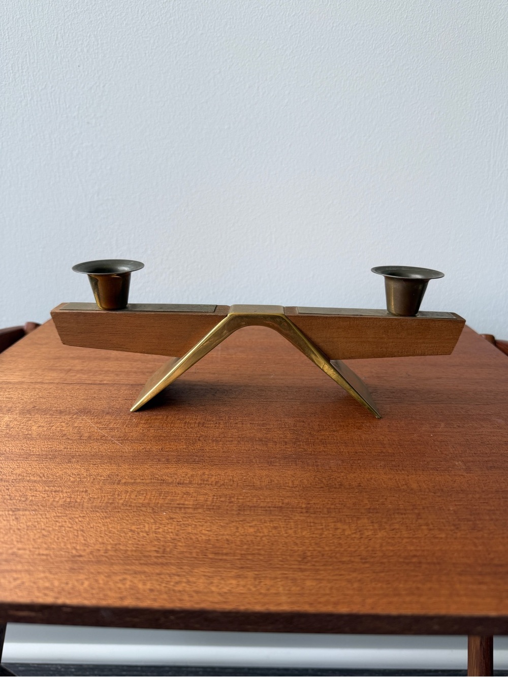 Mid Century Teak & Brass Double Candle Holder